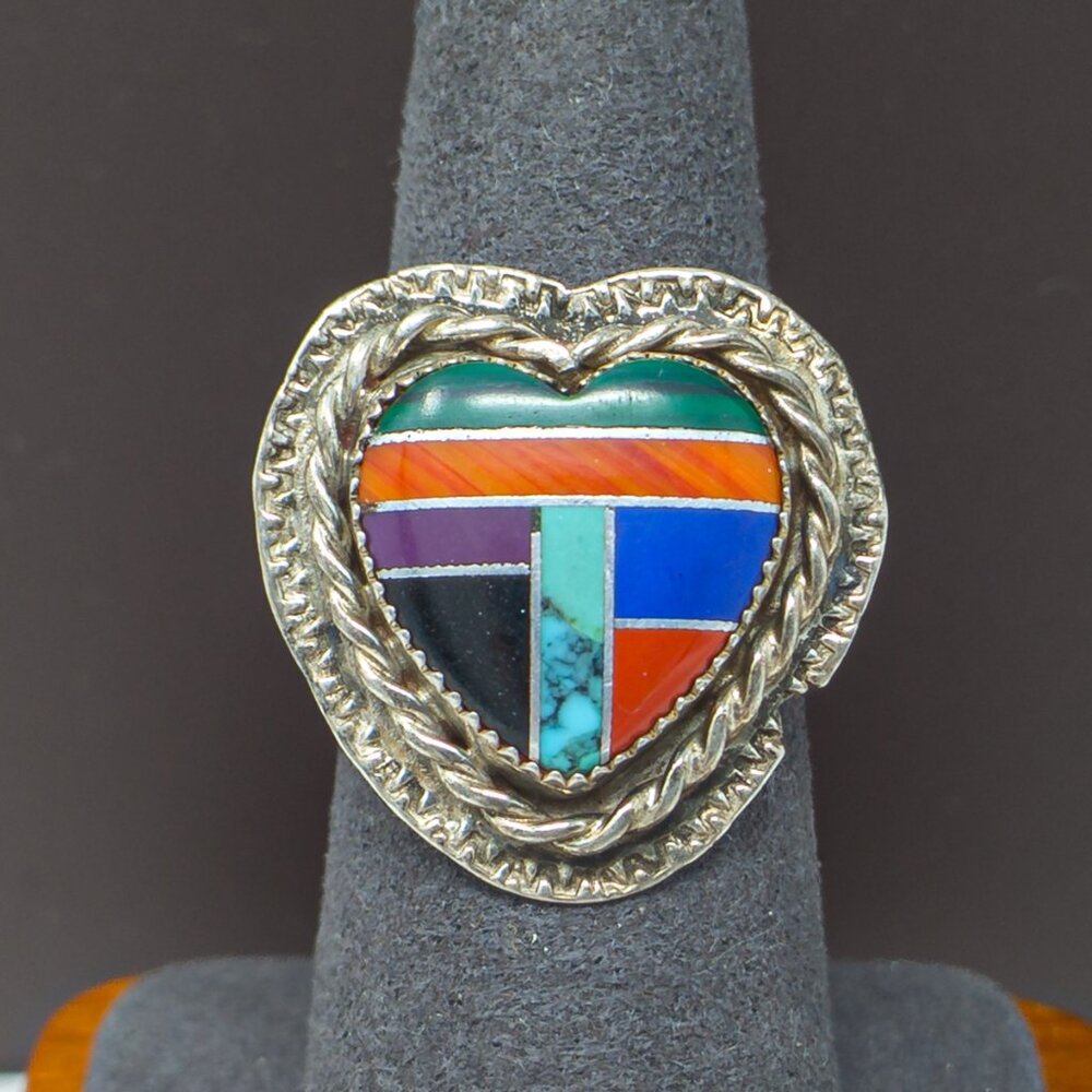 Sterling Silver Heart Inlay Ring with Turquoise, Lapis, Malachite – Size 7.75
